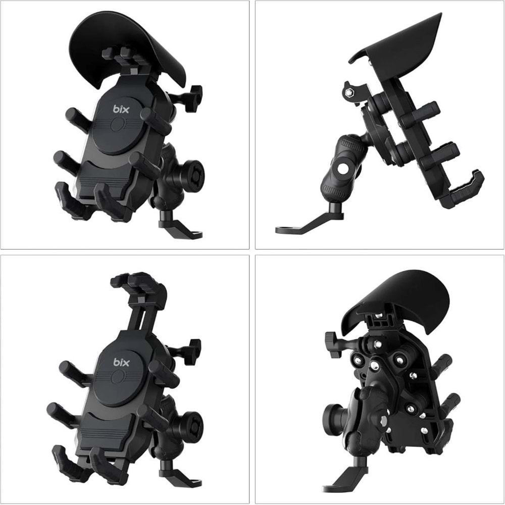 BİX BMPH05 Güneş ve Yağmur Korumalı Ayna Bağlantılı 360° Derece Motosiklet Bisiklet Telefon Tutucu