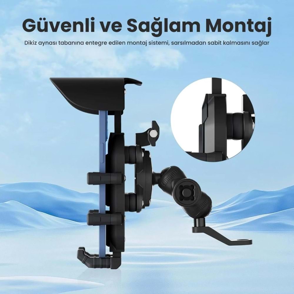 BİX BMPH05 Güneş ve Yağmur Korumalı Ayna Bağlantılı 360° Derece Motosiklet Bisiklet Telefon Tutucu
