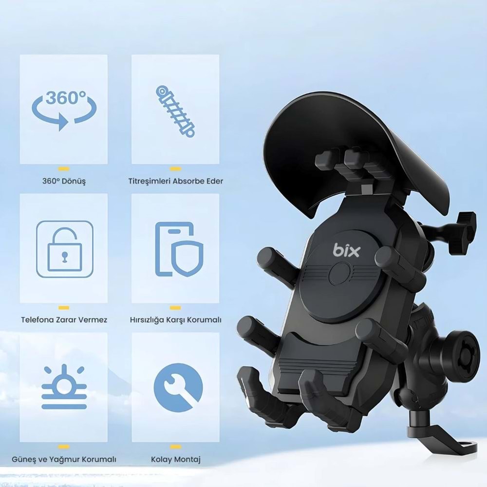 BİX BMPH05 Güneş ve Yağmur Korumalı Ayna Bağlantılı 360° Derece Motosiklet Bisiklet Telefon Tutucu