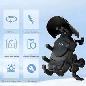 BİX BMPH05 Güneş ve Yağmur Korumalı Ayna Bağlantılı 360° Derece Motosiklet Bisiklet Telefon Tutucu