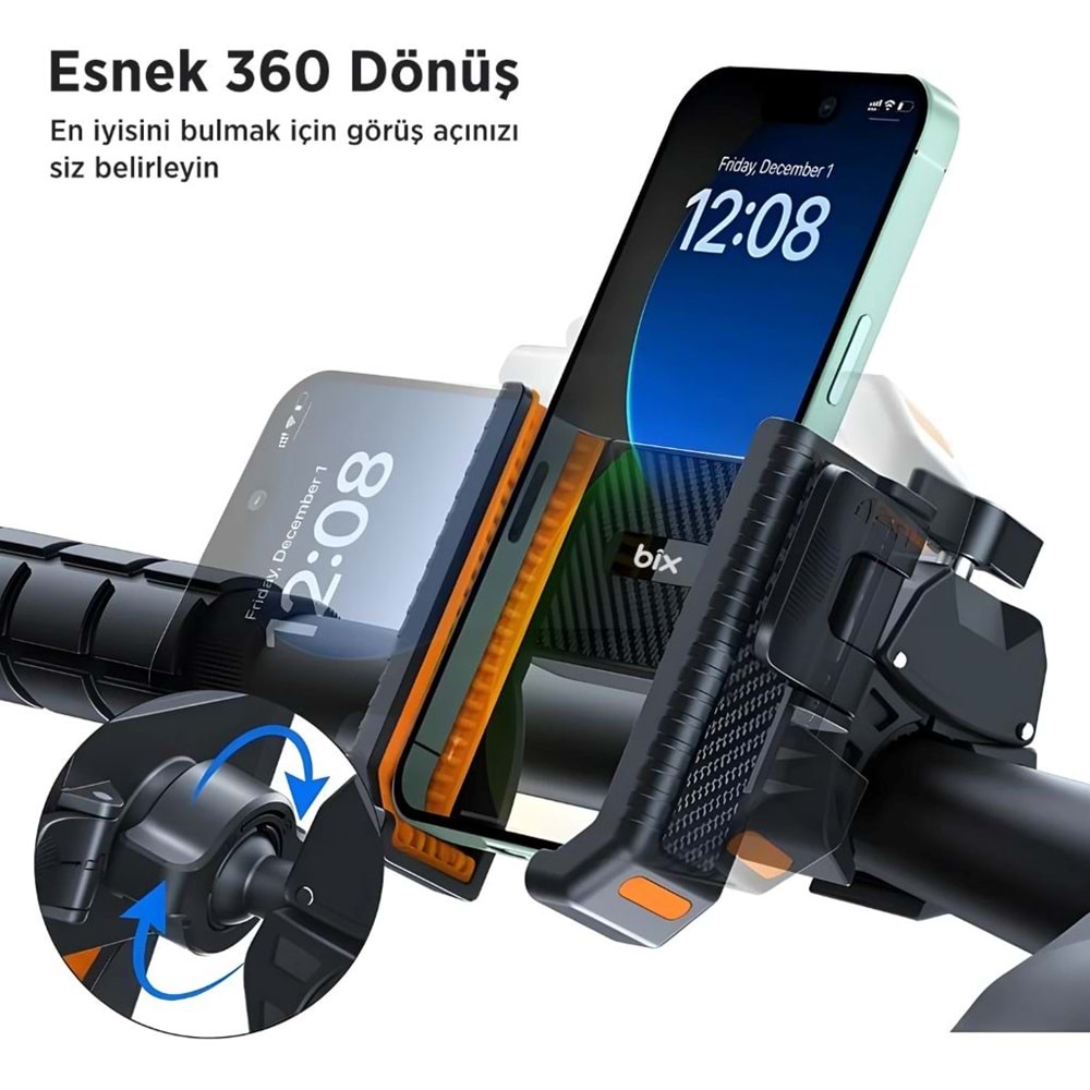 BİX BPH01 Gidon Bağlantılı Bisiklet Motosiklet için Esnek ABS Telefon Tutucu 360° Dönebilen Tasarım