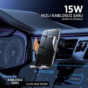 BİX BXCH9 Kablosuz Hızlı Şarj Destekli Ultra İnce Metal Gövdeli 360 Derece Ayarlanabilen Araç içi Telefon Tutucu Gri