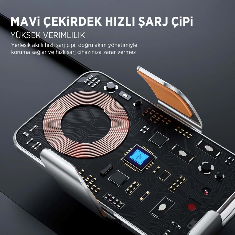 BİX BXCH9 Kablosuz Hızlı Şarj Destekli Ultra İnce Metal Gövdeli 360 Derece Ayarlanabilen Araç içi Telefon Tutucu Gri