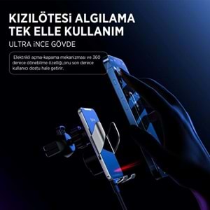 BİX BXCH9 Kablosuz Hızlı Şarj Destekli Ultra İnce Metal Gövdeli 360 Derece Ayarlanabilen Araç içi Telefon Tutucu Gri
