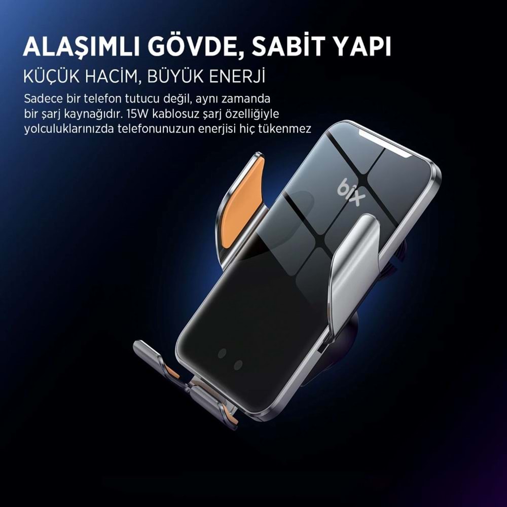 BİX BXCH9 Kablosuz Hızlı Şarj Destekli Ultra İnce Metal Gövdeli 360 Derece Ayarlanabilen Araç içi Telefon Tutucu Gri
